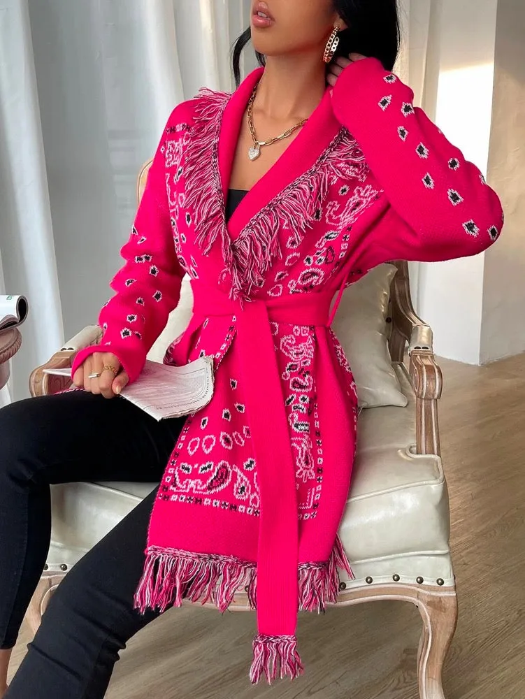 Fashion Loose Floral Printed Tasseled Crochet Cardigan Coats