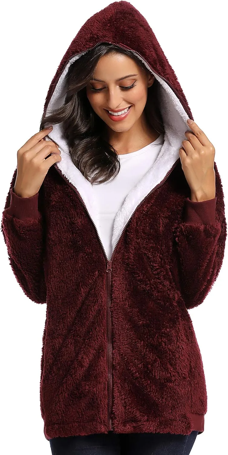 Fleece Coat for Women,Women's Oversized Zip Up Hooded Jacket Winter Plus Size Sherpa Coat