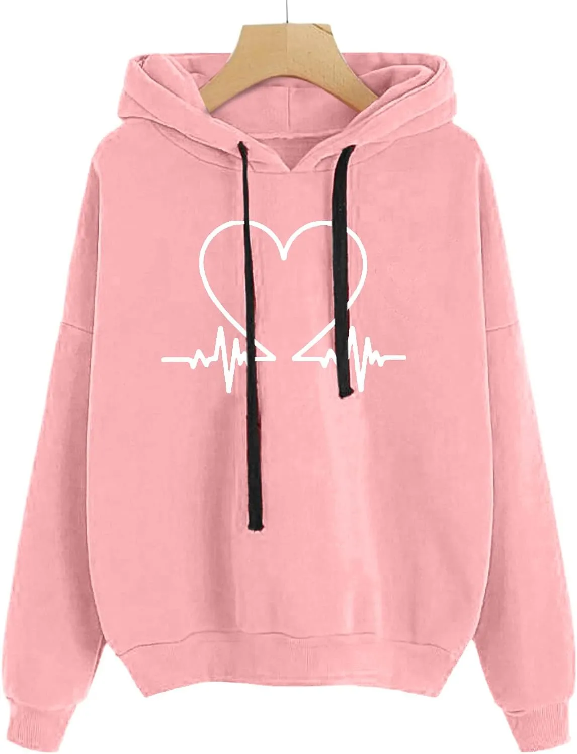 Heartbeat Graphic Hoodie Womens Cozy Oversized Pullover Soft Warm Casual Style Long Sleeve Sweatshirt