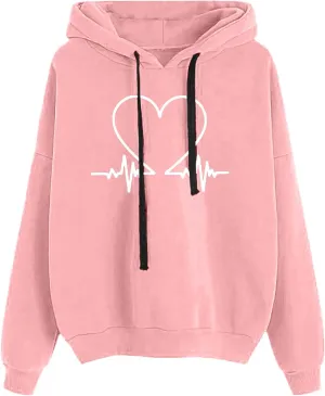 Heartbeat Graphic Hoodie Womens Cozy Oversized Pullover Soft Warm Casual Style Long Sleeve Sweatshirt