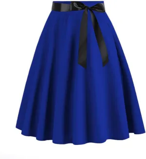 HGps8w Womens 1950s Vintage Bow Pleated Skirt - Elegant High Waisted Cocktail Party Midi A-Line Skirt