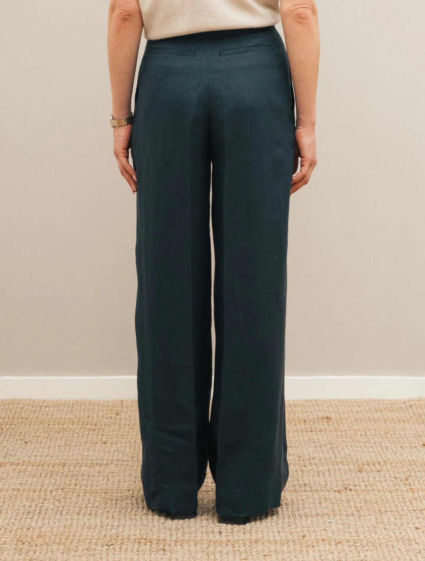 High Waist Linen Twill Trousers Navy