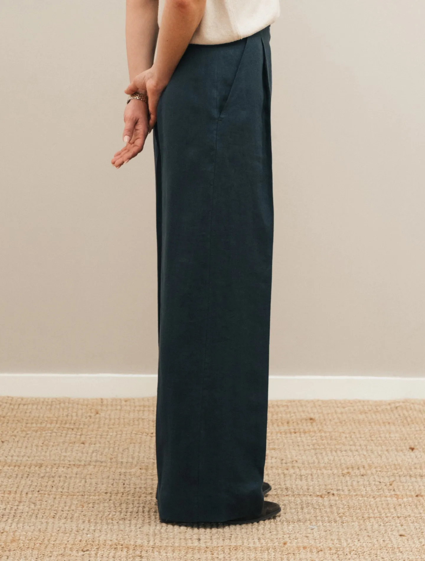 High Waist Linen Twill Trousers Navy