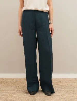 High Waist Linen Twill Trousers Navy