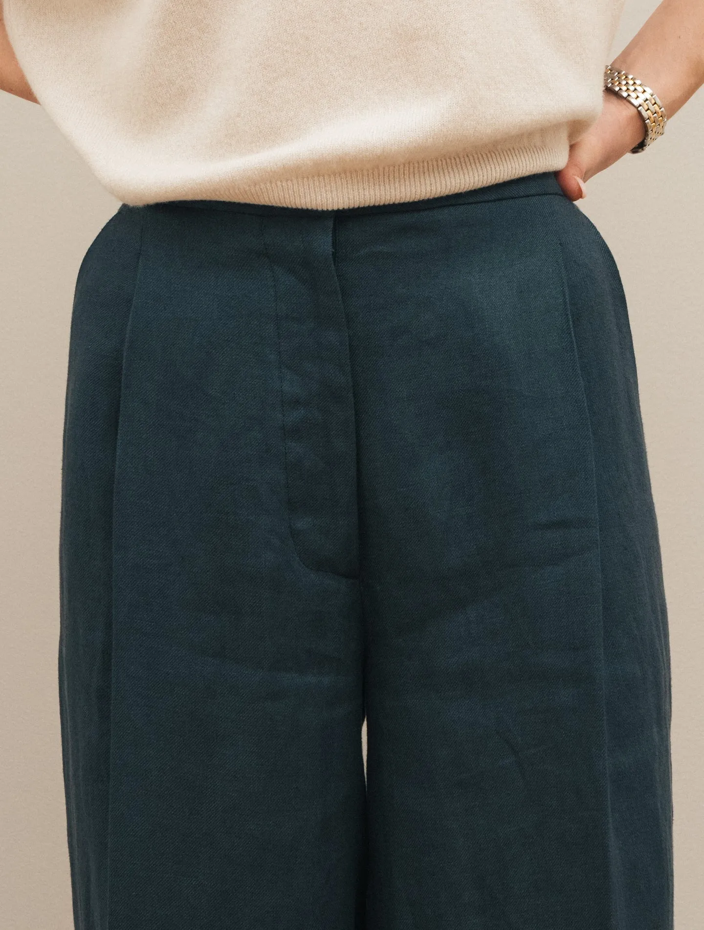 High Waist Linen Twill Trousers Navy