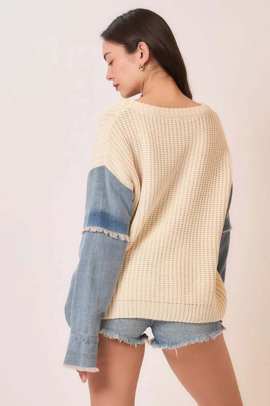 Ivory Denim Sleeve Sweater