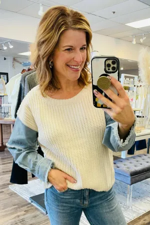 Ivory Denim Sleeve Sweater