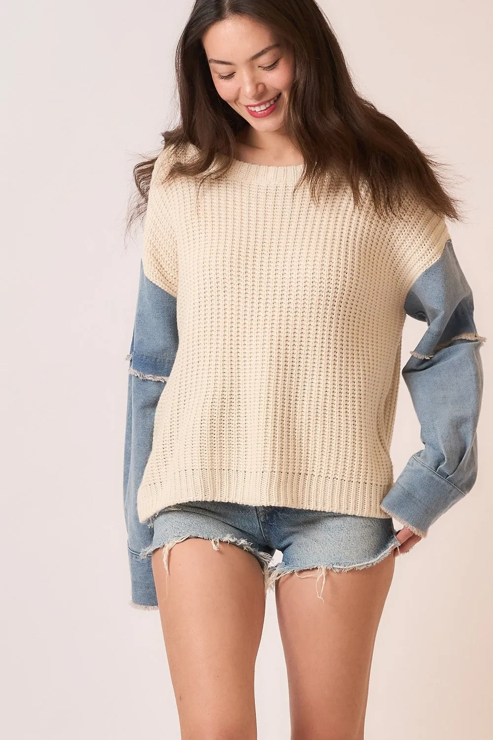 Ivory Denim Sleeve Sweater