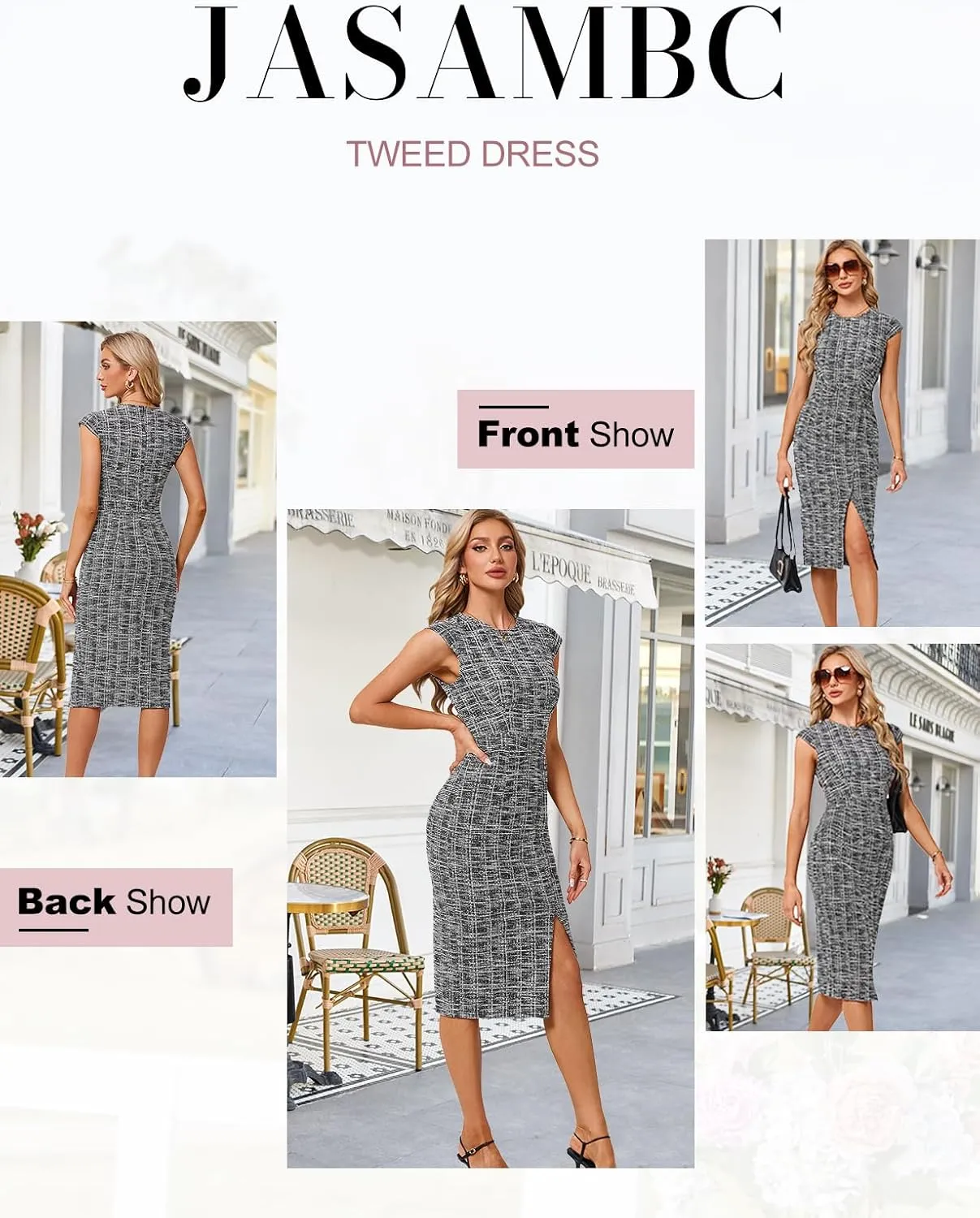 JASAMBAC Womens Work Pencil Dresses Vintage Tweed Slim Dress Cap Sleeve Crew Neck Office Bodycon Midi Dress