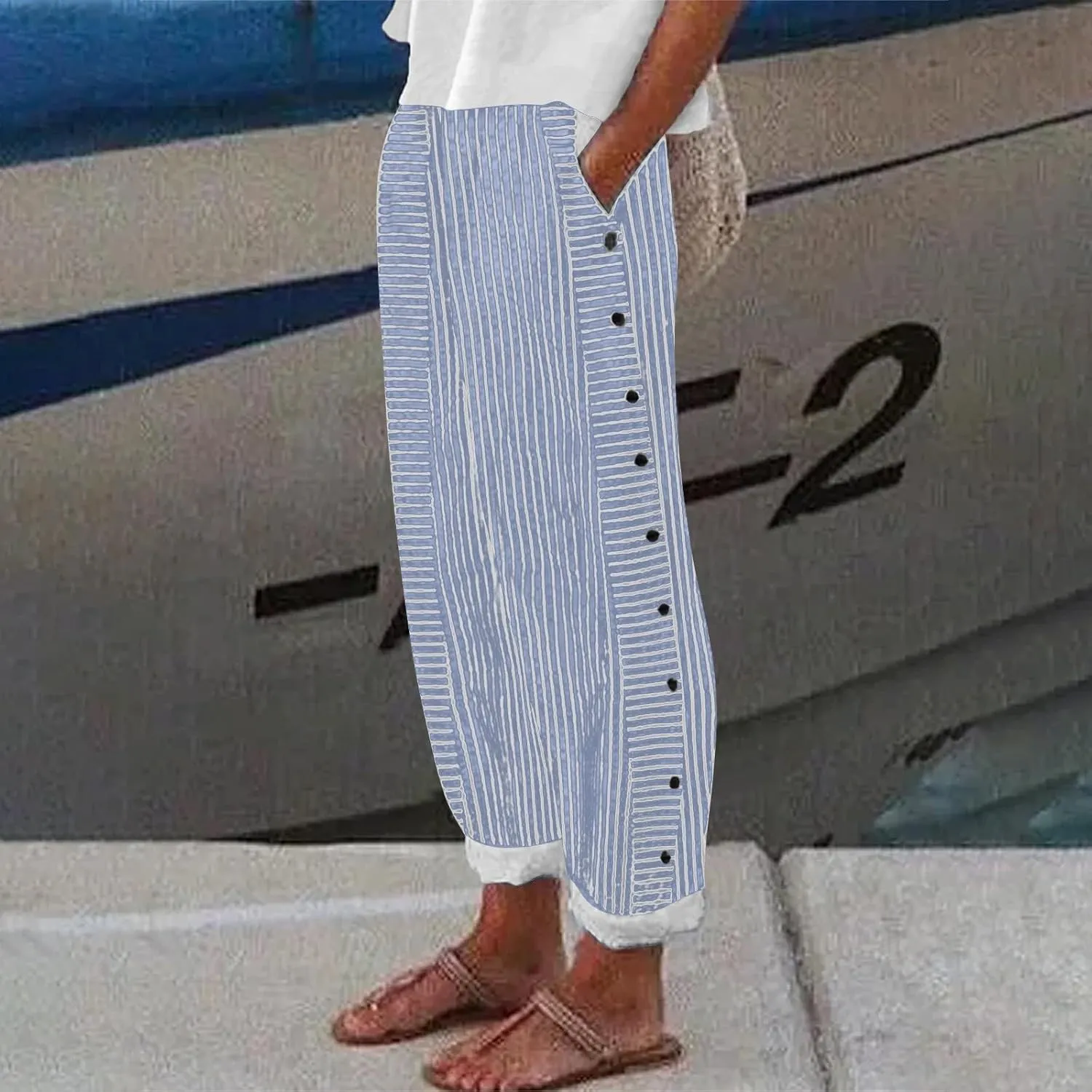 Linen Pants Women Summer 2025 Casual Cotton Linen Pant High Waisted Drawstring Lounge Pants Beach Trousers