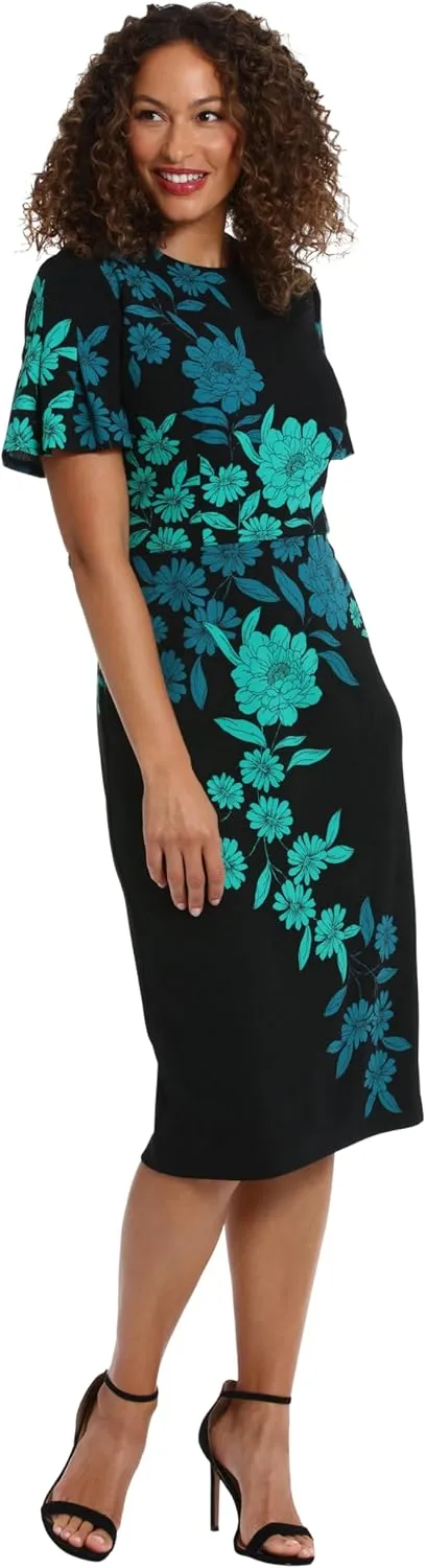 London Times Women's Dresses Jewel Neck Flutter Sleeve Emotional Flattering Polished Chic Midi Length Sheath Dress