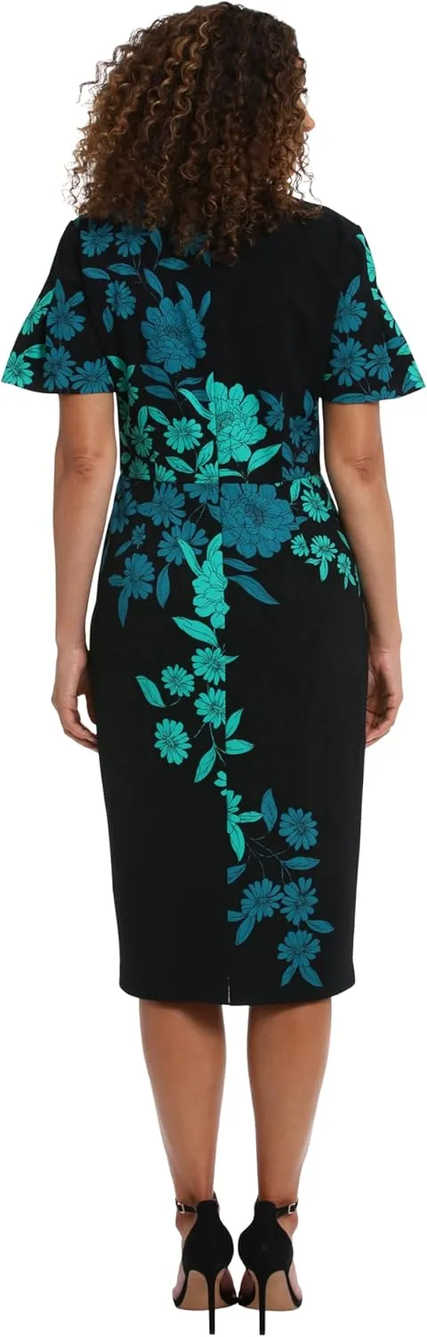 London Times Women's Dresses Jewel Neck Flutter Sleeve Emotional Flattering Polished Chic Midi Length Sheath Dress