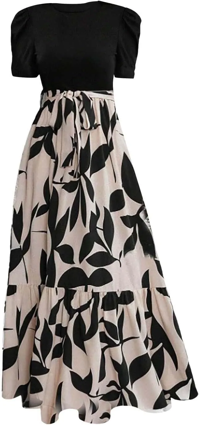 Long Boho Floral Dresses for Women Sumemr Elegant Tie Belted Patchwork Short Sleeve Modest Dresses Flowy Maxi Skirts