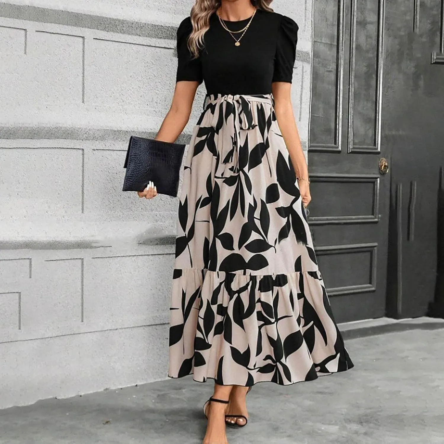 Long Boho Floral Dresses for Women Sumemr Elegant Tie Belted Patchwork Short Sleeve Modest Dresses Flowy Maxi Skirts