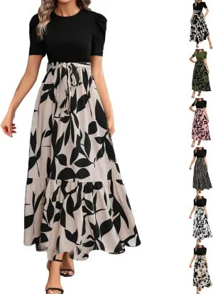 Long Boho Floral Dresses for Women Sumemr Elegant Tie Belted Patchwork Short Sleeve Modest Dresses Flowy Maxi Skirts