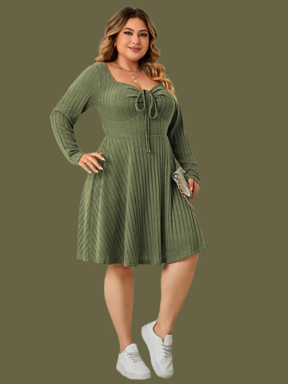 Long Sleeve Ribbed Plus Size Sweetheart Neck Knot Front A-Line Dress