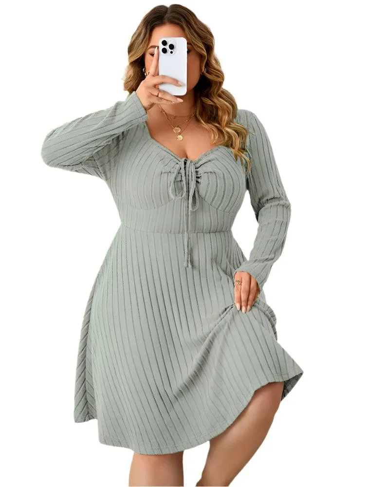 Long Sleeve Ribbed Plus Size Sweetheart Neck Knot Front A-Line Dress