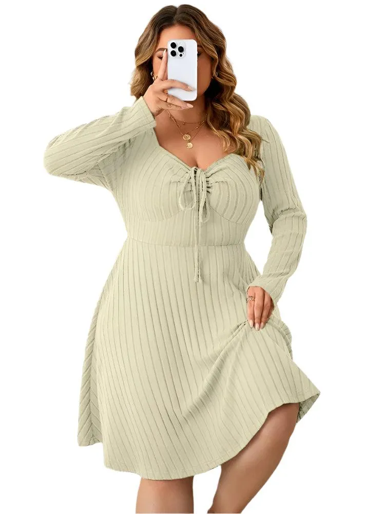 Long Sleeve Ribbed Plus Size Sweetheart Neck Knot Front A-Line Dress