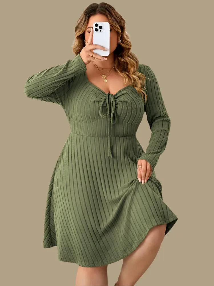 Long Sleeve Ribbed Plus Size Sweetheart Neck Knot Front A-Line Dress