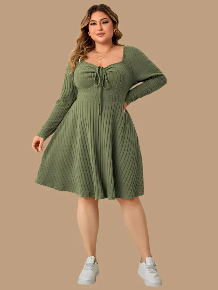 Long Sleeve Ribbed Plus Size Sweetheart Neck Knot Front A-Line Dress