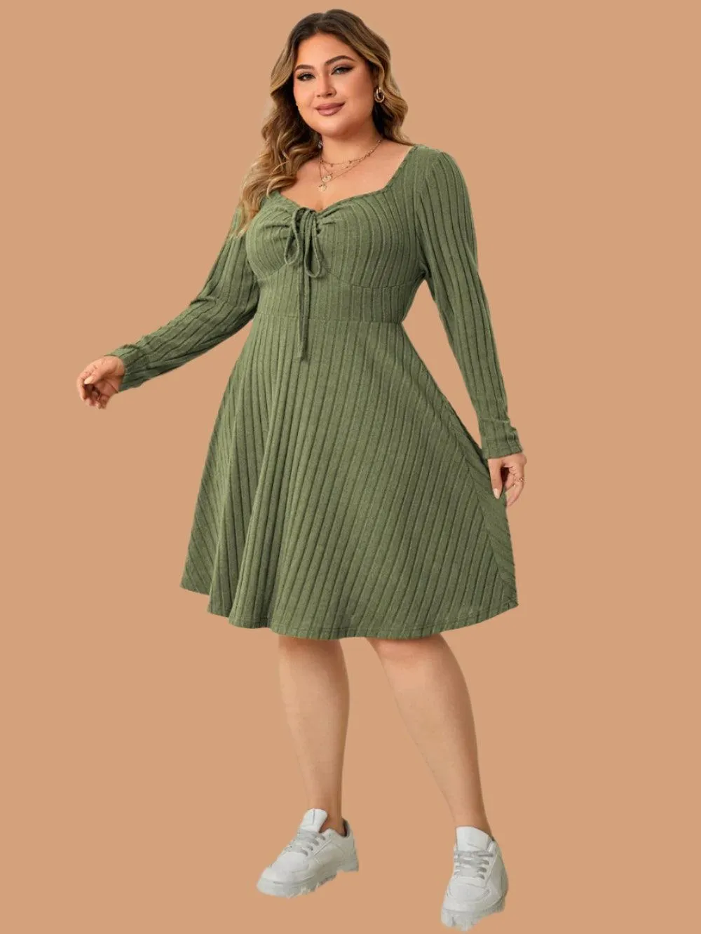 Long Sleeve Ribbed Plus Size Sweetheart Neck Knot Front A-Line Dress