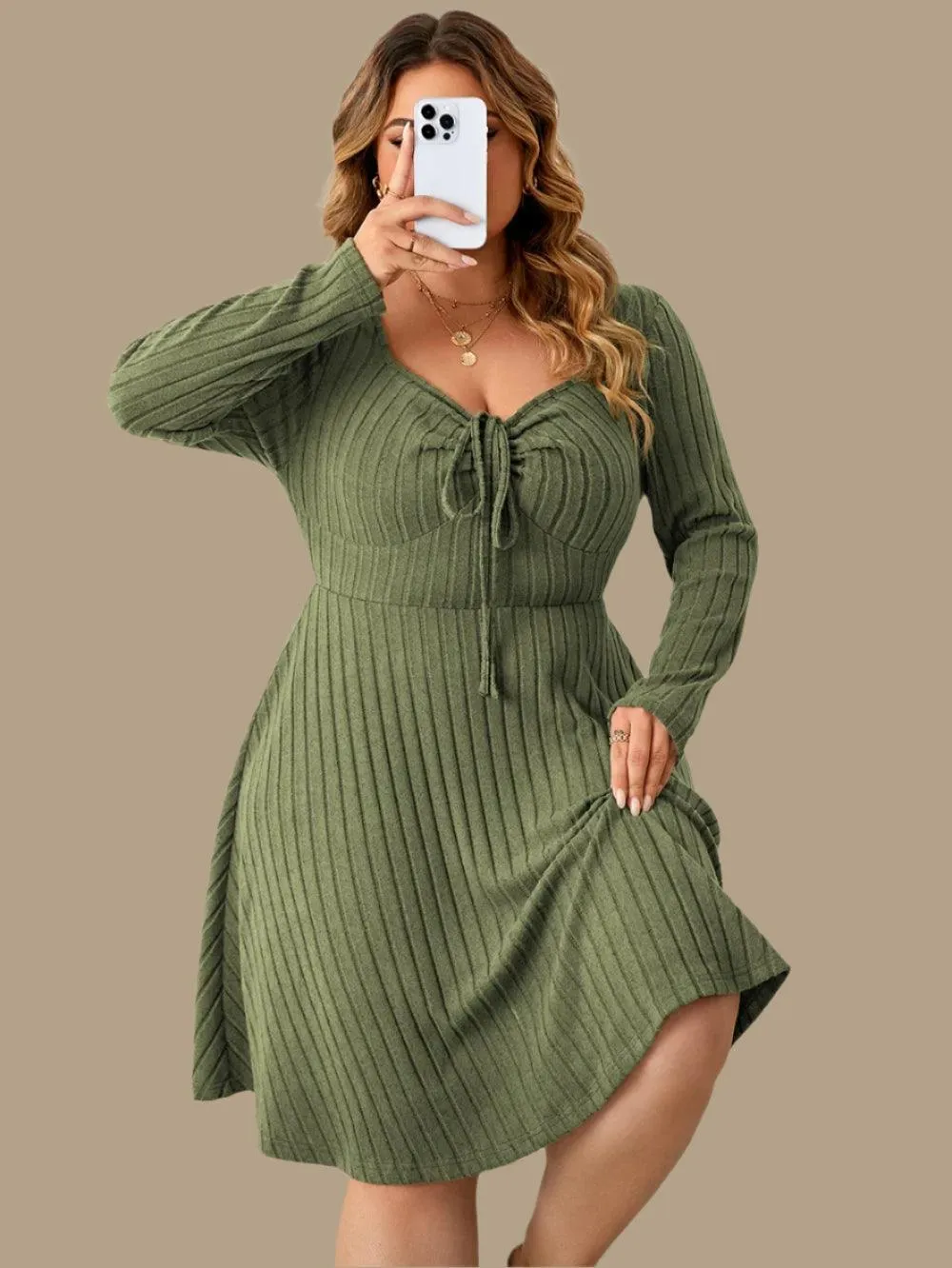 Long Sleeve Ribbed Plus Size Sweetheart Neck Knot Front A-Line Dress