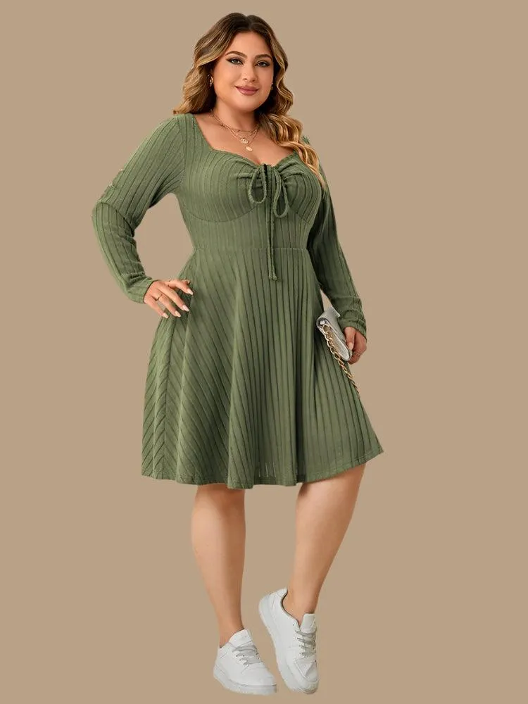 Long Sleeve Ribbed Plus Size Sweetheart Neck Knot Front A-Line Dress