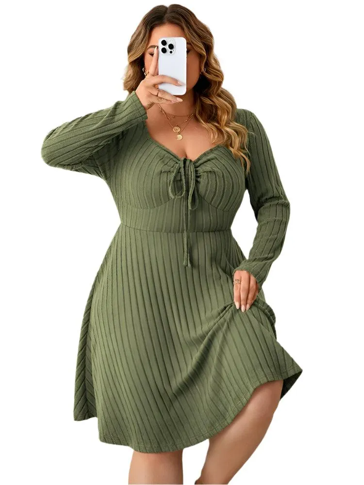 Long Sleeve Ribbed Plus Size Sweetheart Neck Knot Front A-Line Dress