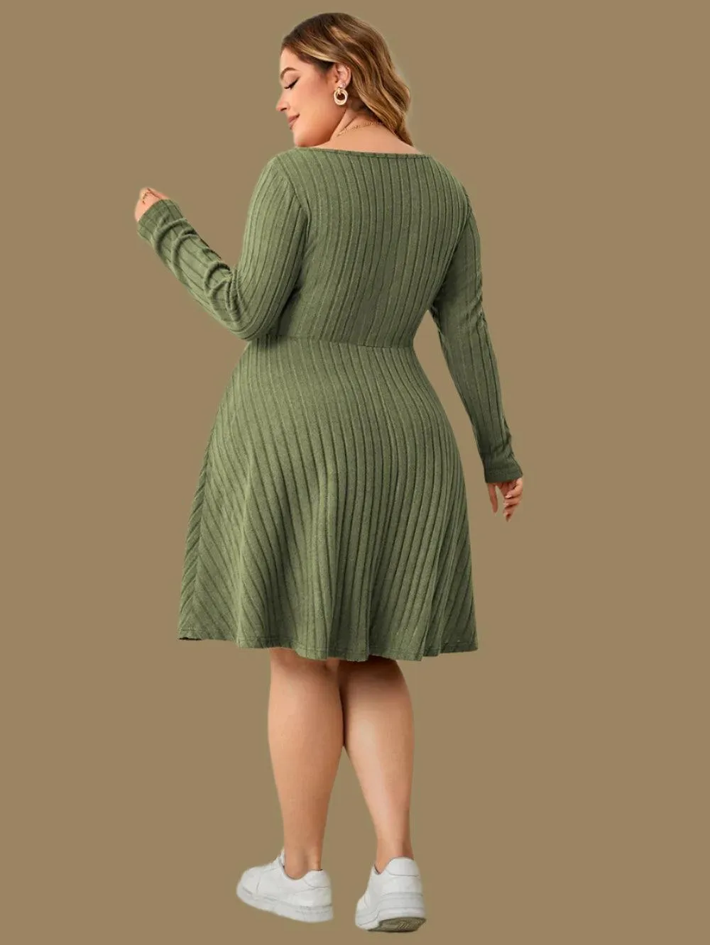 Long Sleeve Ribbed Plus Size Sweetheart Neck Knot Front A-Line Dress