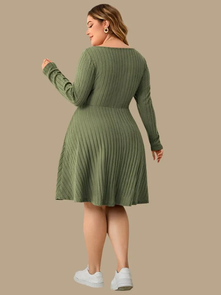 Long Sleeve Ribbed Plus Size Sweetheart Neck Knot Front A-Line Dress