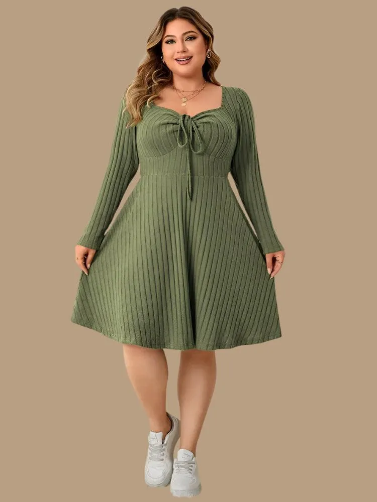 Long Sleeve Ribbed Plus Size Sweetheart Neck Knot Front A-Line Dress