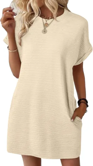 Loose Dress for Women Short Sleeve Crew Neck Smooth Elegant Chiffon Mini Crop Dresses Summer Beach Dress 2025