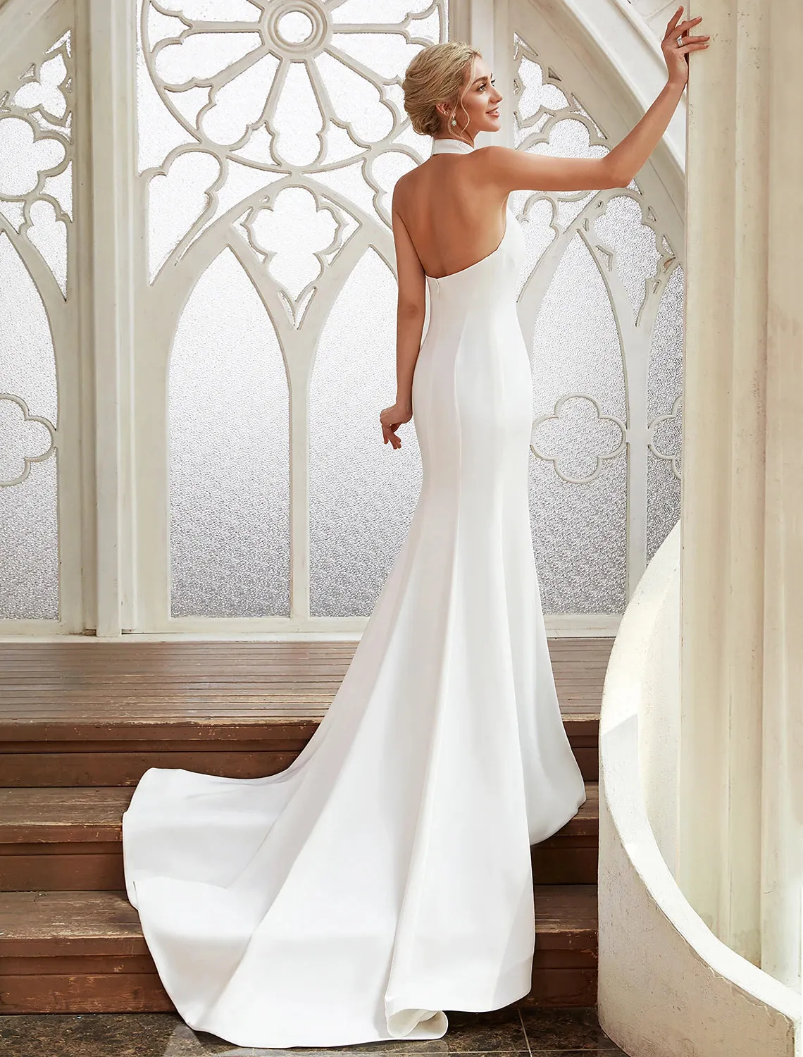 Luolandi Bridal Shower Casual Open Back Wedding Dresses Court Train Sheath / Column Regular Straps Halter Satin