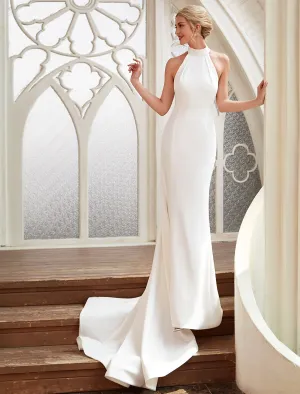 Luolandi Bridal Shower Casual Open Back Wedding Dresses Court Train Sheath / Column Regular Straps Halter Satin