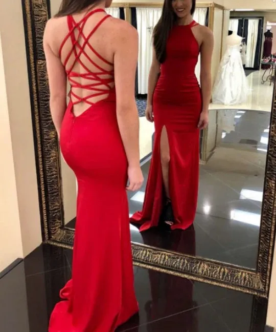 Luolandi Brilliant Stretch Satin Jewel Neckline Sheath Evening Dresses Sexy Party Dress With Slit