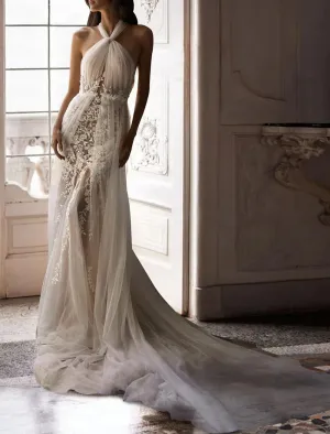 Luolandi Little White Dresses Boho Wedding Dresses Sheath / Column Camisole Sleeveless Court Train Lace Bridal Gowns With Beading Embroidery Beautiful