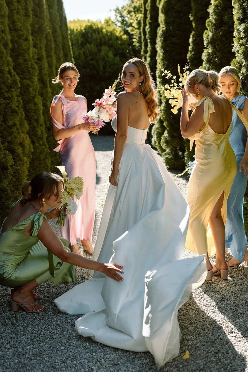 Luolandi Sheath Bateau Neck Satin Ankle Length Bridesmaid Dresses with Slit Simple Party Dress