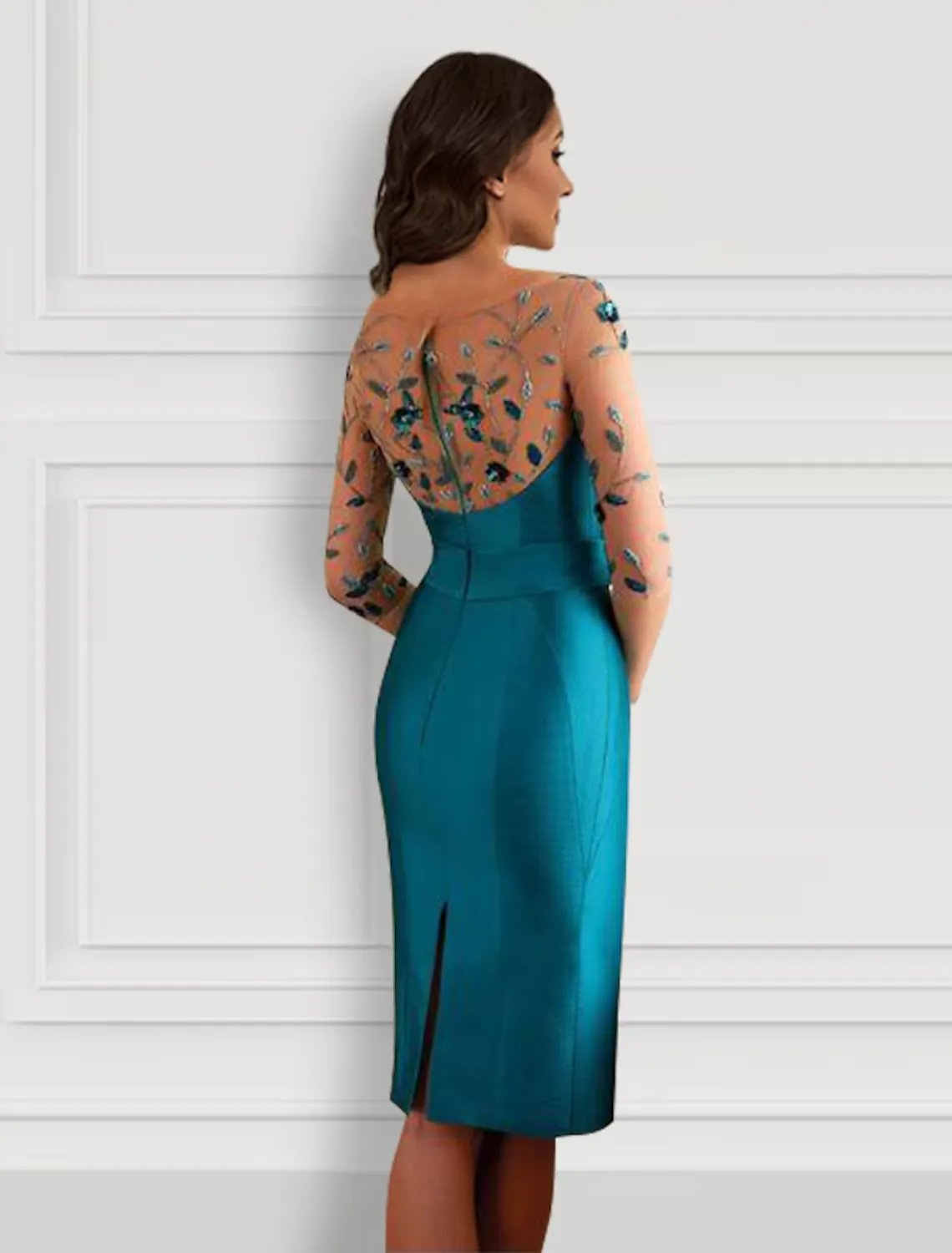 Luolandi Sheath / Column Cocktail Dresses Open Back Dress Formal Knee Length Half Sleeve Jewel Neck Satin with Bow(s) Slit