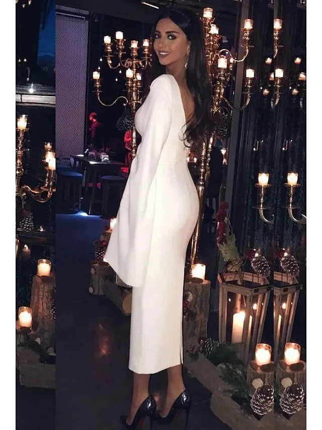 Luolandi Sheath / Column Cocktail Dresses Party Dress Holiday Tea Length Long Sleeve Jewel Neck Jersey Backless with Sleek