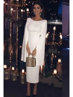 Luolandi Sheath / Column Cocktail Dresses Party Dress Holiday Tea Length Long Sleeve Jewel Neck Jersey Backless with Sleek
