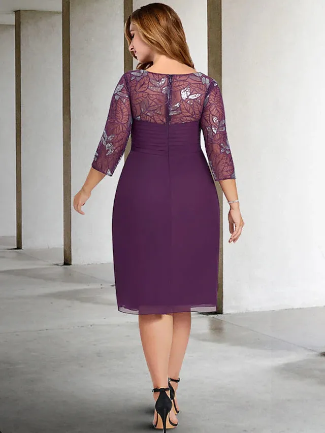 Luolandi Sheath / Column Plus Size Curve Mother of the Bride Dresses Elegant Dress Formal Knee Length 3/4 Length Sleeve Jewel Neck Chiffon