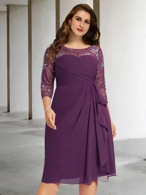 Luolandi Sheath / Column Plus Size Curve Mother of the Bride Dresses Elegant Dress Formal Knee Length 3/4 Length Sleeve Jewel Neck Chiffon