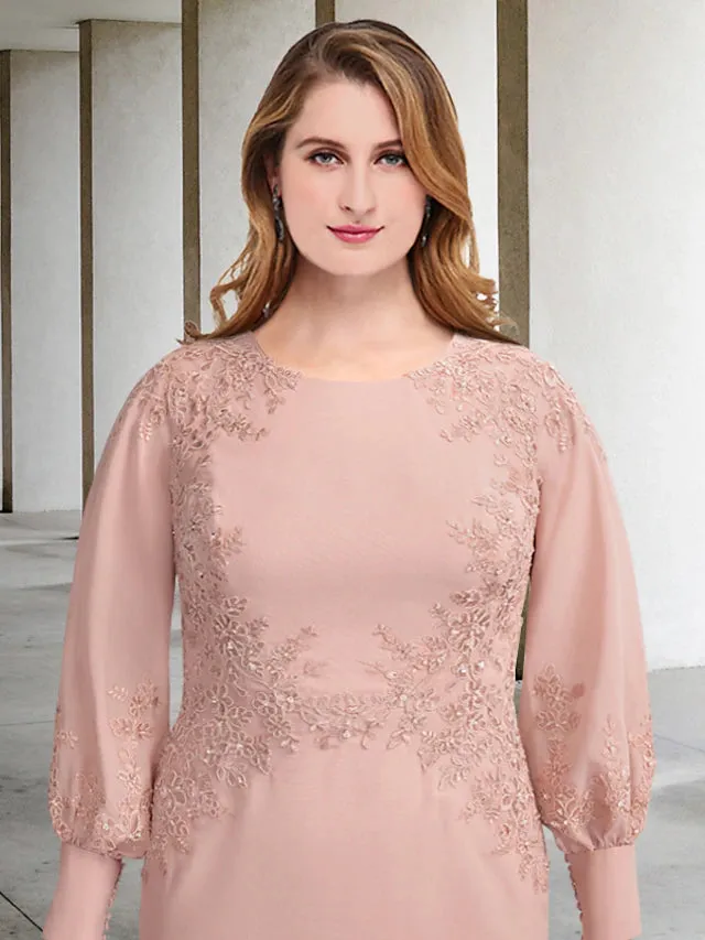 Luolandi Sheath / Column Plus Size Curve Mother of the Bride Dresses Elegant Dress Formal Tea Length Long Sleeve Jewel Neck Chiffon