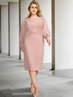 Luolandi Sheath / Column Plus Size Curve Mother of the Bride Dresses Elegant Dress Formal Tea Length Long Sleeve Jewel Neck Chiffon