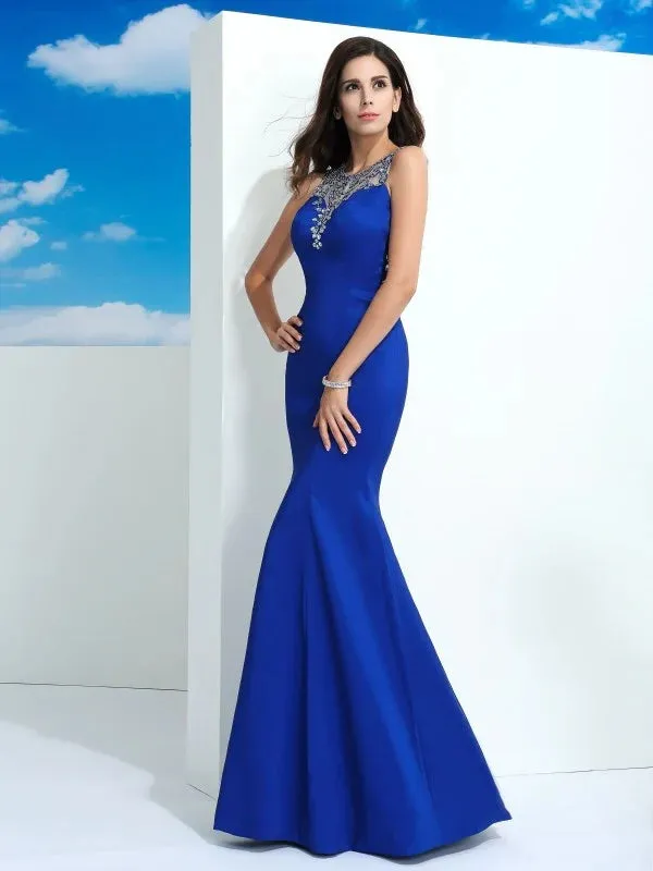 Luolandi Sheath/Column Sheer Neck Beading Sleeveless Long Satin Dresses Sexy