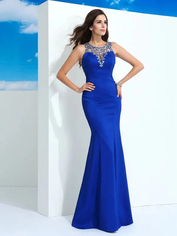 Luolandi Sheath/Column Sheer Neck Beading Sleeveless Long Satin Dresses Sexy