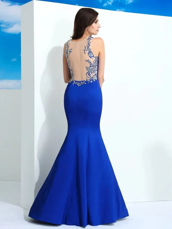 Luolandi Sheath/Column Sheer Neck Beading Sleeveless Long Satin Dresses Sexy