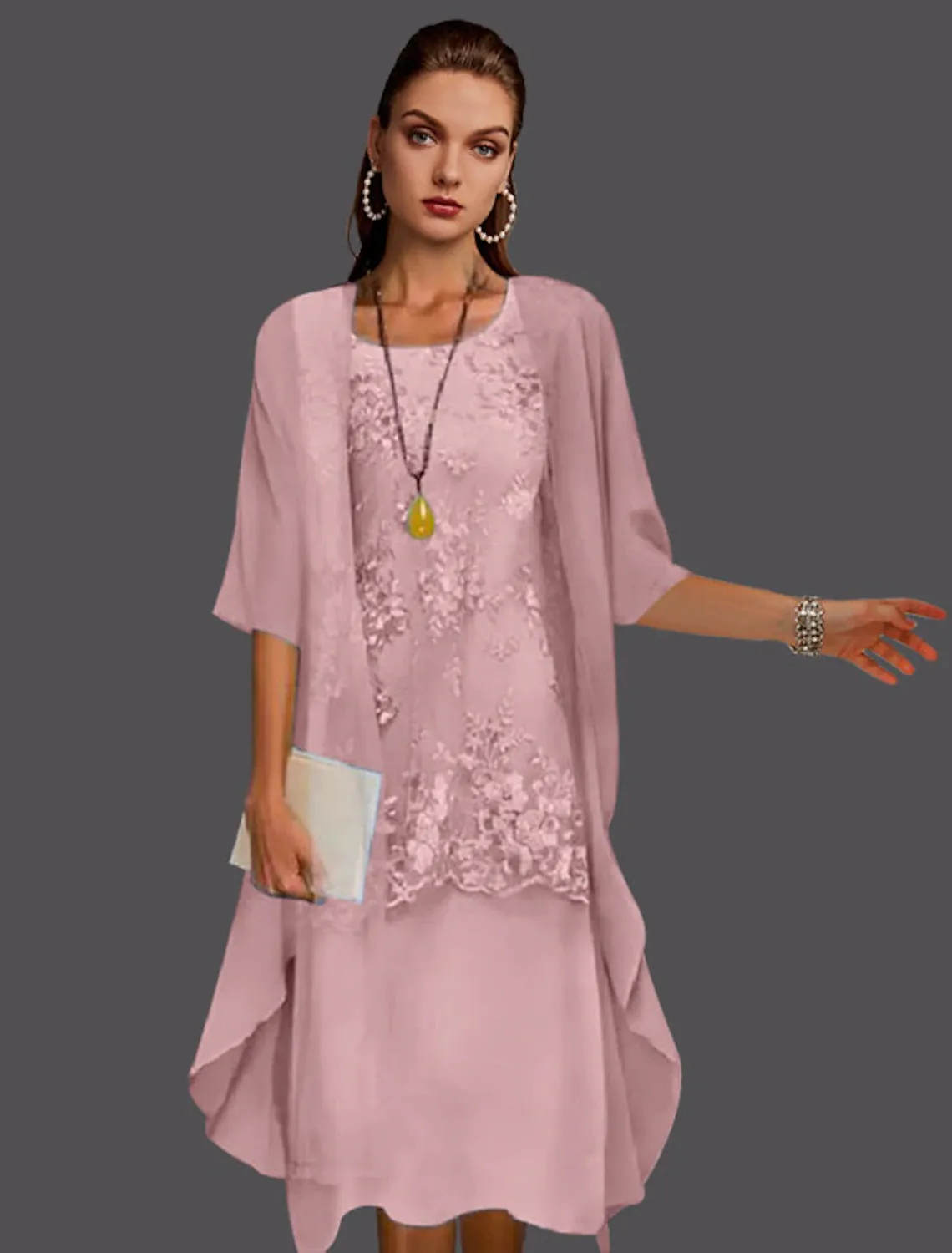 Luolandi Two Piece Sheath / Column Mother of the Bride Dress Fall Fall Wedding Guest Dresses Elegant Jewel Neck Tea Length Chiffon Lace Sleeveless Jacket Dresses