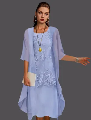 Luolandi Two Piece Sheath / Column Mother of the Bride Dress Fall Fall Wedding Guest Dresses Elegant Jewel Neck Tea Length Chiffon Lace Sleeveless Jacket Dresses
