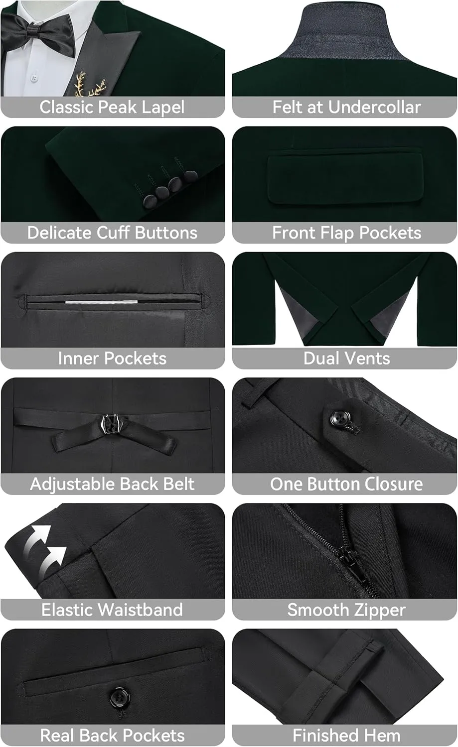 MAGE MALE Mens Velvet Suits Slim Fit Peak Lapel Tuxedo 3 Piece One Button Prom Party Banquet Blazer Vest Pants Set